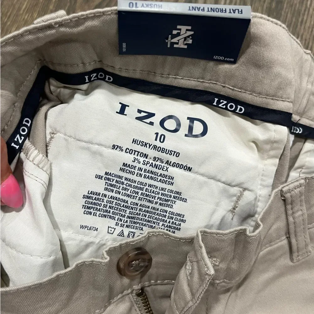 NWT Izod Pants Boys Chino Flat Front Straight Leg Cotton Stretch Beige Size 10
